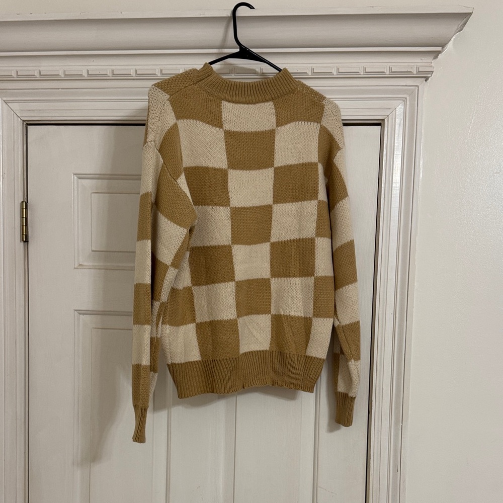 SHEIN Checkered Brown and Cream Crewneck Sweater